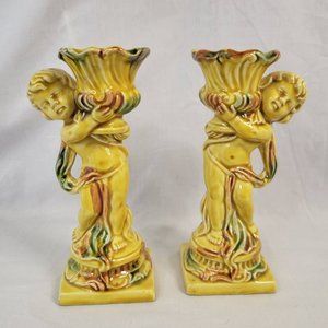 VTG Mid Century MCM Candlesticks Yellow Cherubs Angels T-1630/M 6 inches